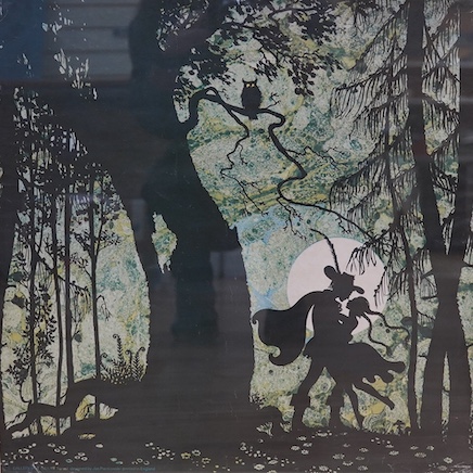 Three oak framed original 1970s Gallery Five published posters designed by Jan Pienkowski, two silhouettes; ‘The Golden Bird’ and ‘Forest’, together with Reflections’ designed by John Bauer, all 45 x 45cm. Condition - go